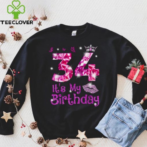 Vintage Happy 34 It’s My Birthday Crown Lips 34th Birthday Shirt