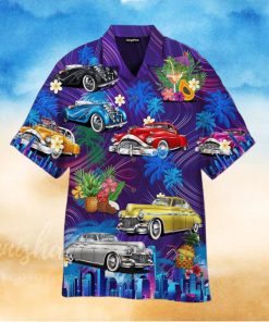 Vintage Hot Rod Car Sunset Beach Hawaiian Shirt For