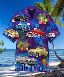 Vintage Hot Rod Car Sunset Beach Hawaiian Shirt For