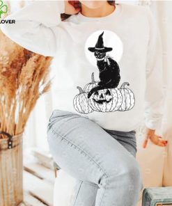 Vintage Scary Halloween Black Cat Costume Witch Hat Moon T Shirt