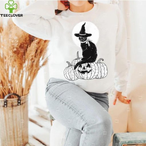 Vintage Scary Halloween Black Cat Costume Witch Hat Moon T Shirt