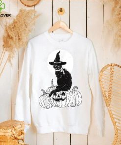 Vintage Scary Halloween Black Cat Costume Witch Hat Moon T Shirt