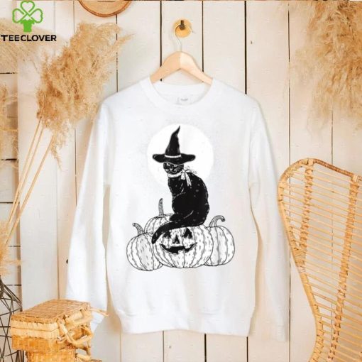 Vintage Scary Halloween Black Cat Costume Witch Hat Moon T Shirt