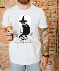 Vintage Scary Halloween Black Cat Costume Witch Hat Moon T Shirt