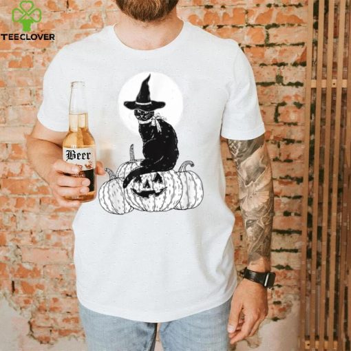 Vintage Scary Halloween Black Cat Costume Witch Hat Moon T Shirt