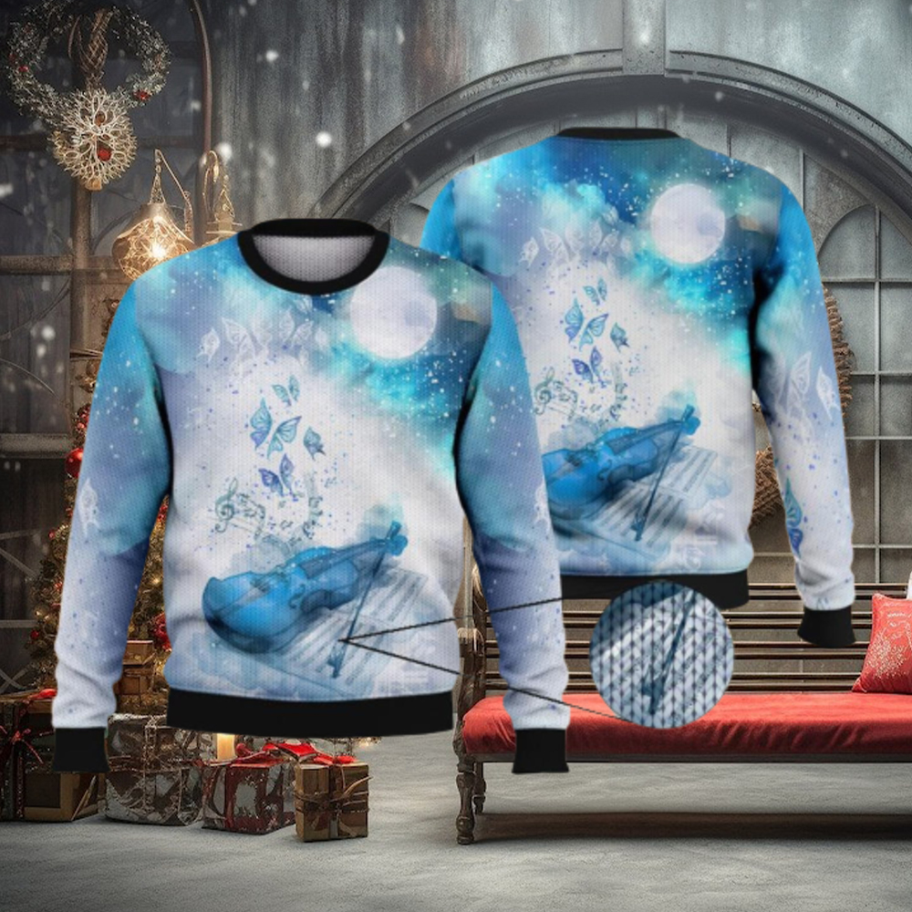 Violin Butterfly Night Sky Blue Full Print For Violin Lovers 3D Ugly Sweater Christmas Gift Sweater Violin Butterfly Night Sky Blue Full Print For Violin Lovers 3D Ugly Sweater Christmas Gift Sweater