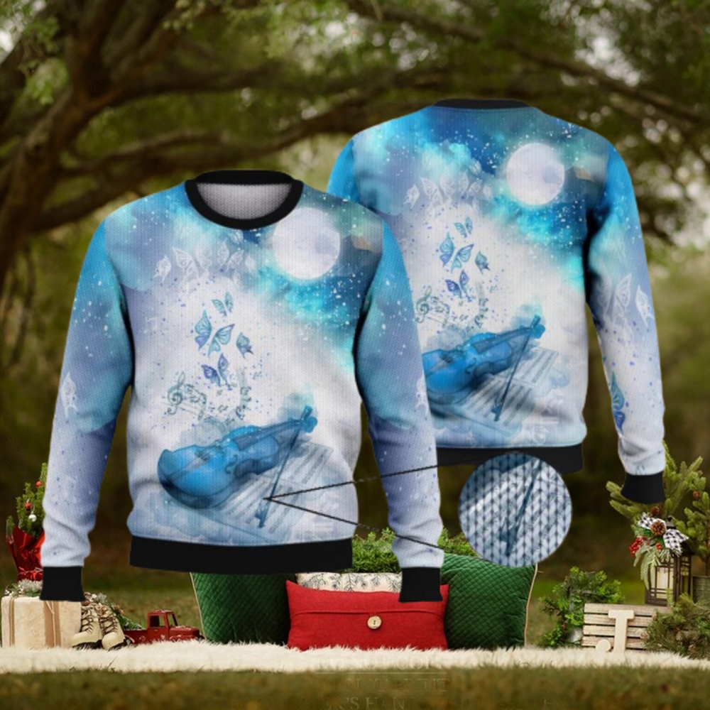 Violin Butterfly Night Sky Blue Full Print For Violin Lovers 3D Ugly Sweater Christmas Gift Sweater Violin Butterfly Night Sky Blue Full Print For Violin Lovers 3D Ugly Sweater Christmas Gift Sweater