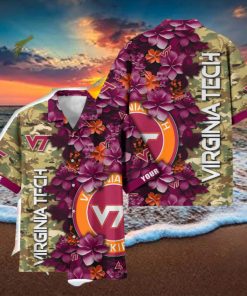 Virginia Tech Hokies Custom Name Personalized Camo Flower Pattern Hawaiian Shirt
