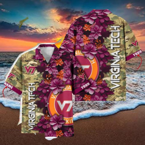 Virginia Tech Hokies Custom Name Personalized Camo Flower Pattern Hawaiian Shirt