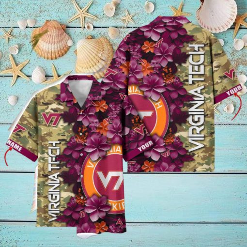 Virginia Tech Hokies Custom Name Personalized Camo Flower Pattern Hawaiian Shirt