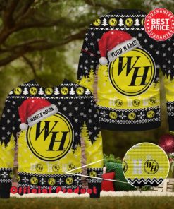 Waffle House Logo Santa Hat Pine Tree Snowflake Custom Name Ugly Christmas Sweater