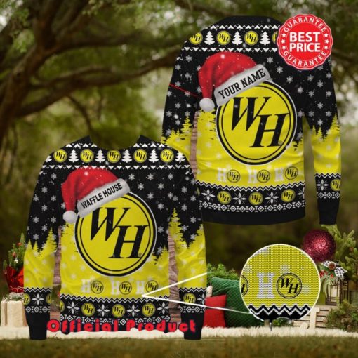 Waffle House Logo Santa Hat Pine Tree Snowflake Custom Name Ugly Christmas Sweater