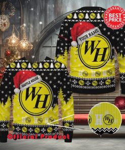 Waffle House Logo Santa Hat Pine Tree Snowflake Custom Name Ugly Christmas Sweater