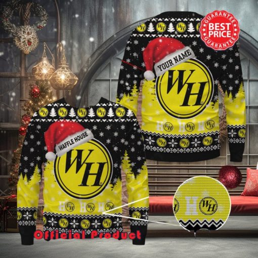 Waffle House Logo Santa Hat Pine Tree Snowflake Custom Name Ugly Christmas Sweater
