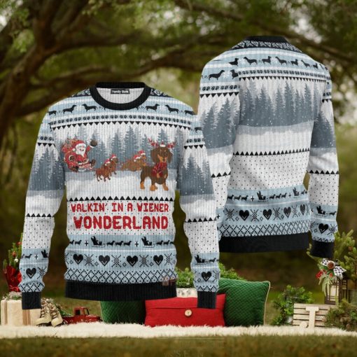 Walkin‘ In A Weiner Wonderland Dachshund Lover Ugly Chirtmas 3D Sweater Gift For Men And Women