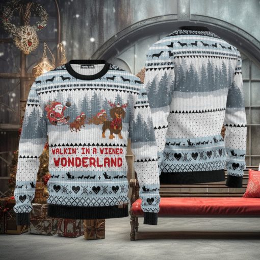 Walkin‘ In A Weiner Wonderland Dachshund Lover Ugly Chirtmas 3D Sweater Gift For Men And Women
