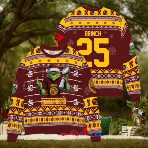 Washington Commanders x Grinch Christmas Dr. Seuss How the Grinch Stole Christmas with Super Bowl Trophy Custom Ugly Christmas Sweater
