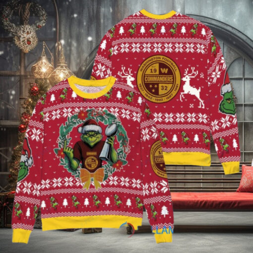 Washington Commanders x Grinch NFL Dr. Seuss How the Grinch Stole Christmas with Super Bowl Trophy Ugly Christmas Sweater Red