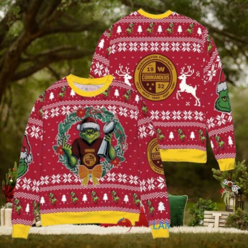 Washington Commanders x Grinch NFL Dr. Seuss How the Grinch Stole Christmas with Super Bowl Trophy Ugly Christmas Sweater Red