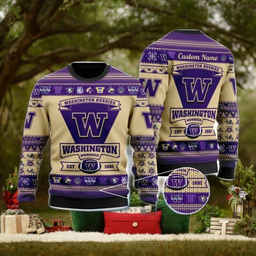 Washington Huskies Football Team Logo Ugly Christmas Sweater Custom Name Christmas For Fans
