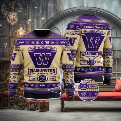 Washington Huskies Football Team Logo Ugly Christmas Sweater Custom Name Christmas For Fans