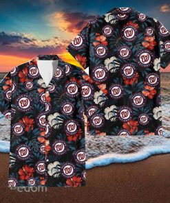 Washington Nationals Red And White Hibiscus Dark Leaf Black Background 3D Hawaiian Shirt
