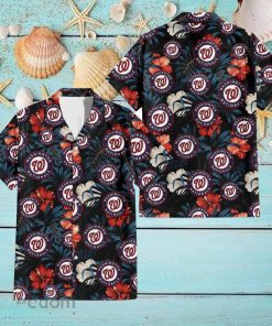 Washington Nationals Red And White Hibiscus Dark Leaf Black Background 3D Hawaiian Shirt