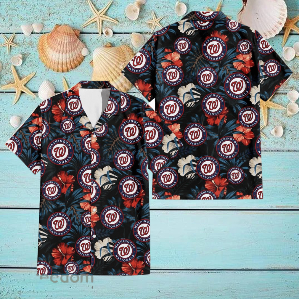 Washington Nationals Red And White Hibiscus Dark Leaf Black Background 3D Hawaiian Shirt Washington Nationals Red And White Hibiscus Dark Leaf Black Background 3D Hawaiian Shirt