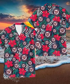 Washington Nationals Red Hibiscus Green Blue White Leaf Black Background 3D Hawaiian Shirt