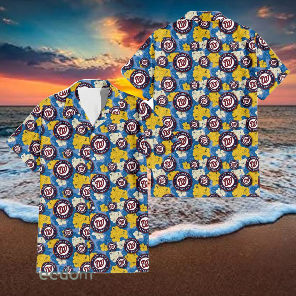 Washington Nationals Yellow White Hibiscus Powder Blue Background 3D Hawaiian Shirt Washington Nationals Yellow White Hibiscus Powder Blue Background 3D Hawaiian Shirt