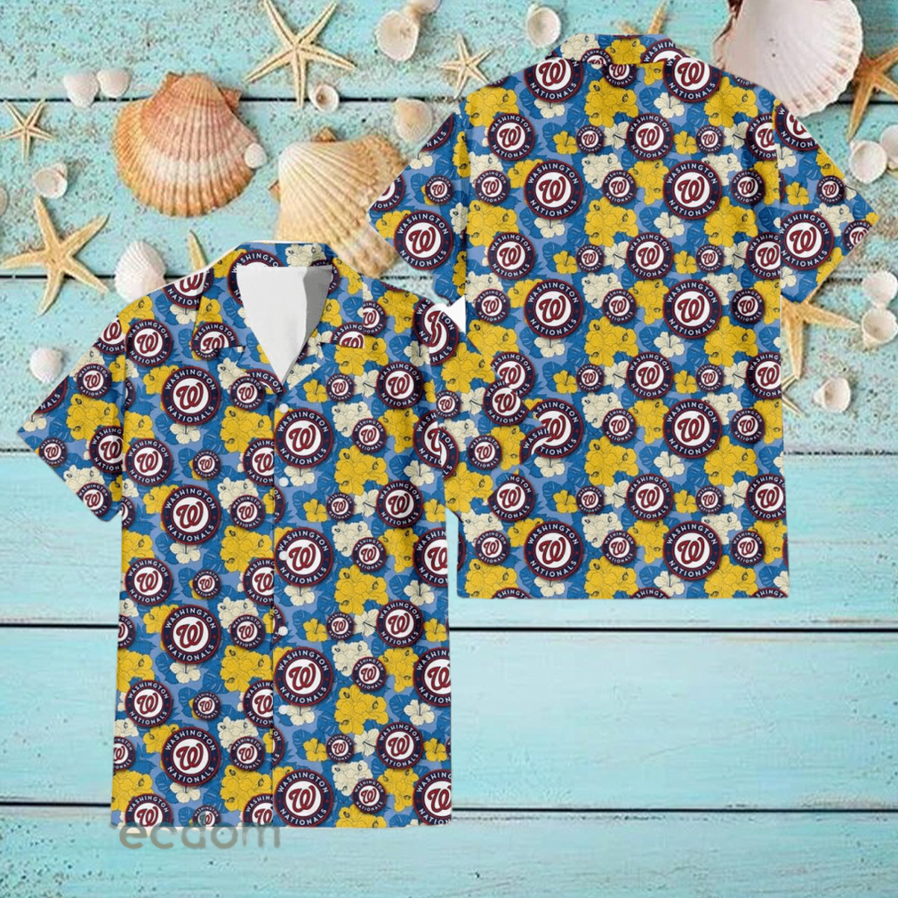 Washington Nationals Yellow White Hibiscus Powder Blue Background 3D Hawaiian Shirt Washington Nationals Yellow White Hibiscus Powder Blue Background 3D Hawaiian Shirt