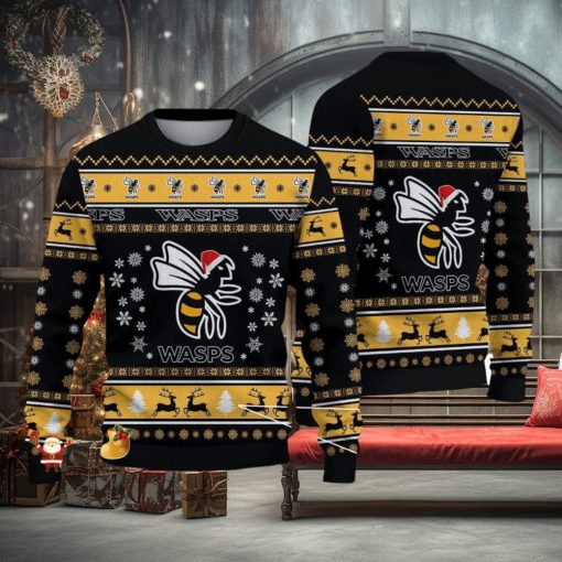 Wasps RFC Premiership Rugby Ugly Christmas Sweaters For Fans Gift Snow Flowers Christmas Tree