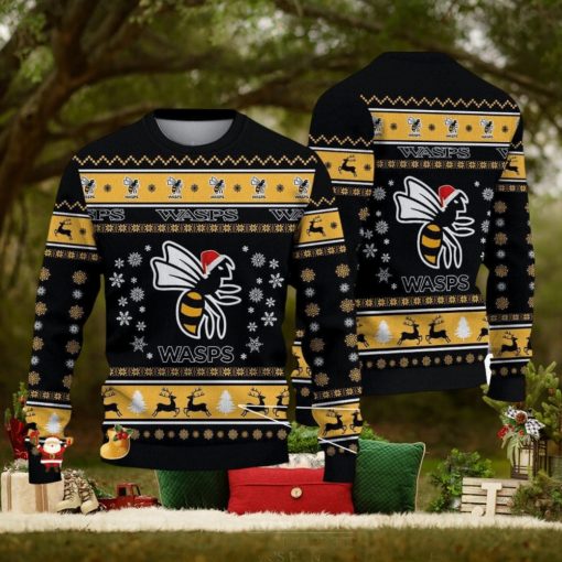 Wasps RFC Premiership Rugby Ugly Christmas Sweaters For Fans Gift Snow Flowers Christmas Tree