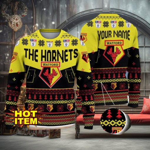 Watford FC Big Logo Custom Name 3D Ugly Christmas Sweater Christmas Gift For Big Fans