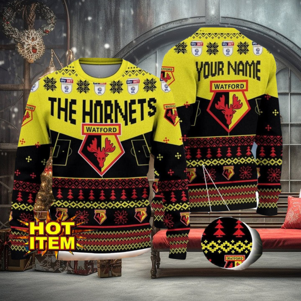 Watford FC Big Logo Custom Name 3D Ugly Christmas Sweater Christmas Gift For Big Fans Watford FC Big Logo Custom Name 3D Ugly Christmas Sweater Christmas Gift For Big Fans