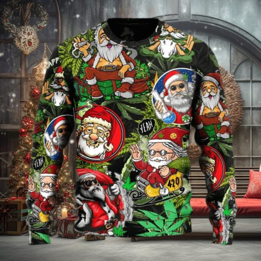 Weed Smoking Santa Hippie Ugly Christmas Sweater