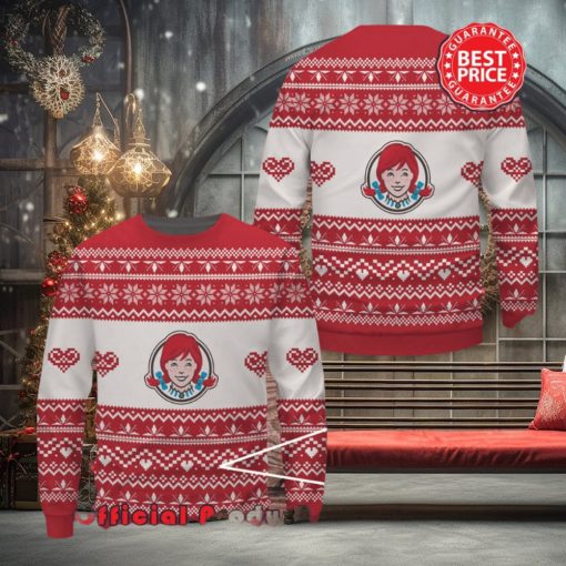 Wendy’s Red White Design Logo Snowflake Heart Ugly Christmas Sweater