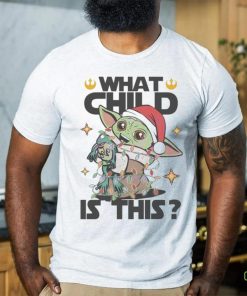 What child is this Yoda Santa hat Christmas lights shirt