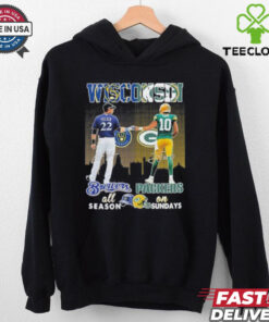 The **Wisconsin Christian Yelich and Jordan Love All Season and On Sundays Shirt** features both sports stars from Wisconsin, celebrating their talents on and off the field. A great shirt for fans to show support for Yelich in baseball and Love in football all year long!