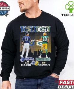 The **Wisconsin Christian Yelich and Jordan Love All Season and On Sundays Shirt** features both sports stars from Wisconsin, celebrating their talents on and off the field. A great shirt for fans to show support for Yelich in baseball and Love in football all year long!