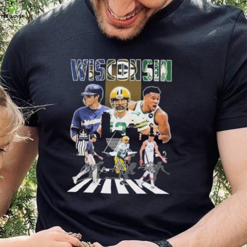 Wisconsin Sports Abbey Road Christian Yelich Aaron Rodgers And Giannis Antetokounmpo Signatures Shirt