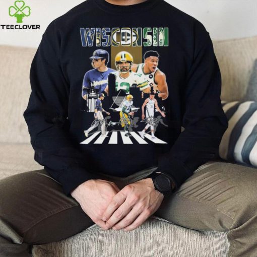 Wisconsin Sports Abbey Road Christian Yelich Aaron Rodgers And Giannis Antetokounmpo Signatures Shirt