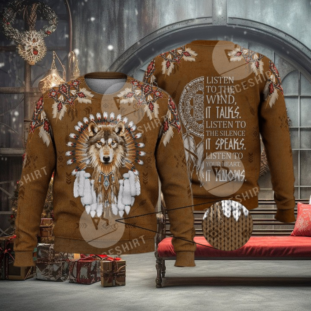Wolf Warrior Native American Culture 3D Full Print Ugly Sweater Christmas Gift Sweater Wolf Warrior Native American Culture 3D Full Print Ugly Sweater Christmas Gift Sweater