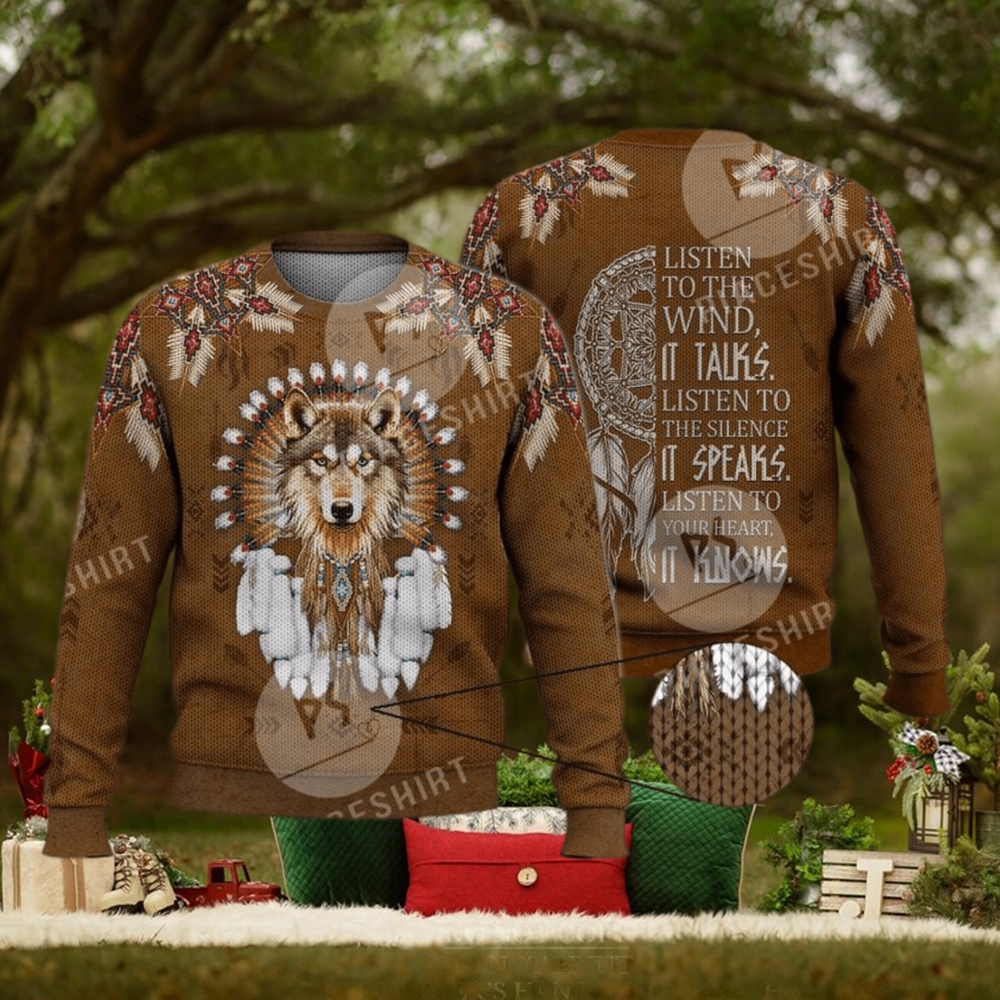 Wolf Warrior Native American Culture 3D Full Print Ugly Sweater Christmas Gift Sweater Wolf Warrior Native American Culture 3D Full Print Ugly Sweater Christmas Gift Sweater