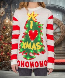 Women’s I Love Xmas HOHOHO Grinch Light Up (LED) Christmas Tree and Star Ugly Christmas Sweater