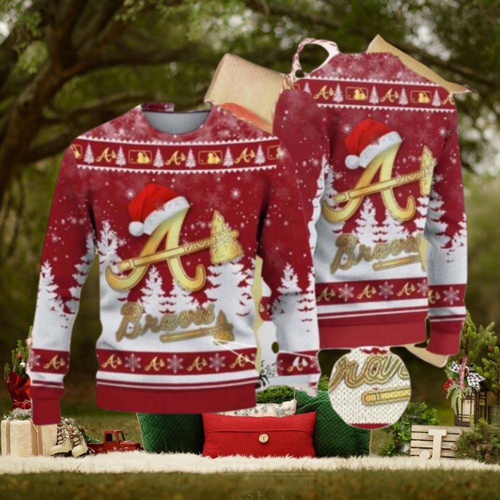 Atlanta Braves Logo Golden Fans Santa Hat Tree Ugly Christmas Sweater Atlanta Braves Logo Golden Fans Santa Hat Tree Ugly Christmas Sweater