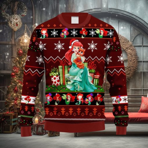 Xmas Little Ariel Mermaid Red Brown Christmas Ugly Sweater 3D