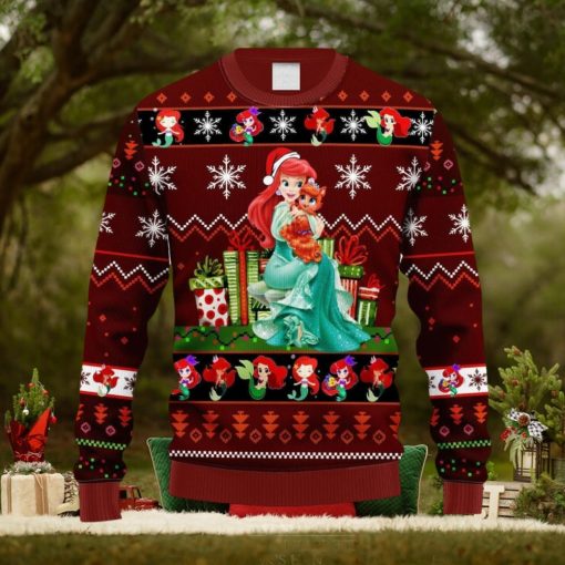 Xmas Little Ariel Mermaid Red Brown Christmas Ugly Sweater 3D