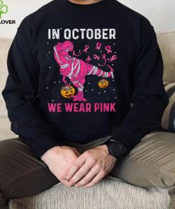 In October We Wear Pink Breast Cancer Dino Pumpkin Halloween T Shirt