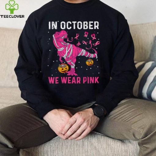 In October We Wear Pink Breast Cancer Dino Pumpkin Halloween T Shirt